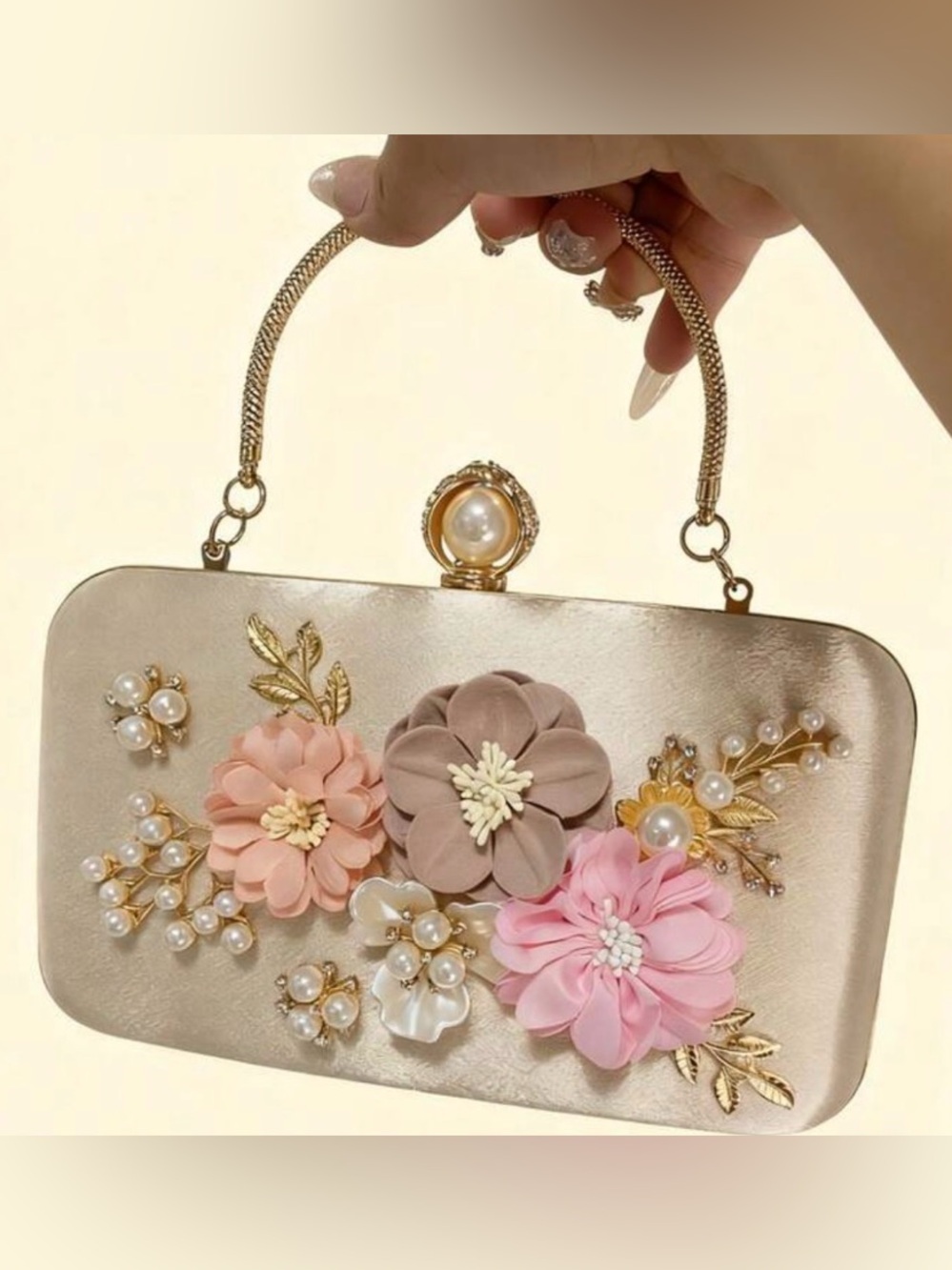 Floral Pearl Embellished Satin Clutch Handbag - Gold